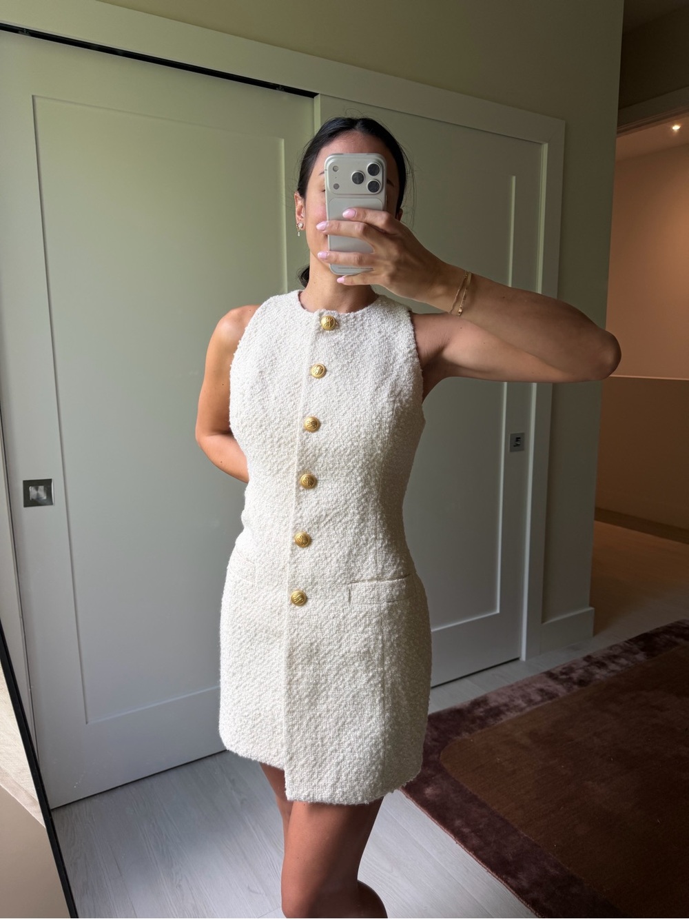 L'Academie Cream Bouclé Sleeveless Mini Dress with Gold Buttons